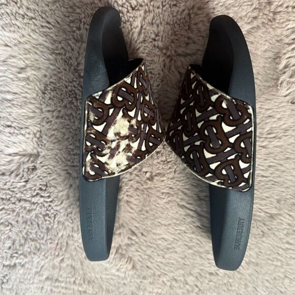 Burberry Size 42 Furley Tb Flock Leather Pool Slides In Bridle Brown - Picture 9 of 14